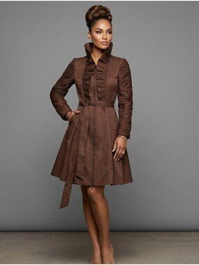 Samuel Dong Brown Ruched Long Sleeve Coat Dress With Belt High Collar & Full Ski